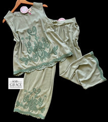 "Charmaine" Embroidered Matching Separates, Sage - The Katie Grace Boutique