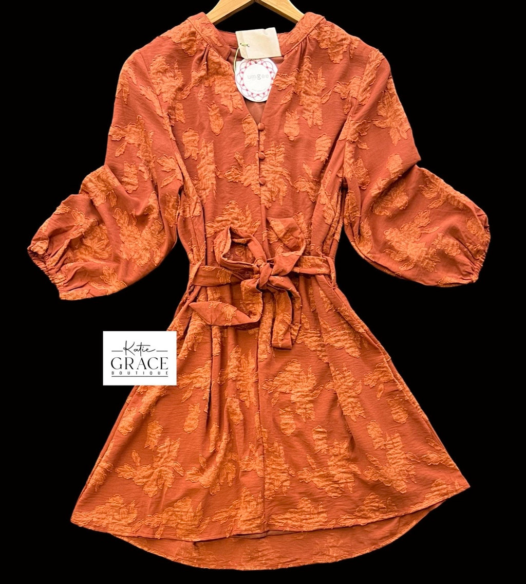 "Joanna" Tonal Floral Dress, Rust - The Katie Grace Boutique