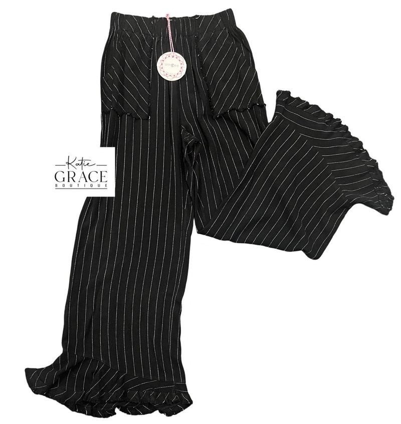 "Rachel" Pin Stripe Linen Blend Pants, Black