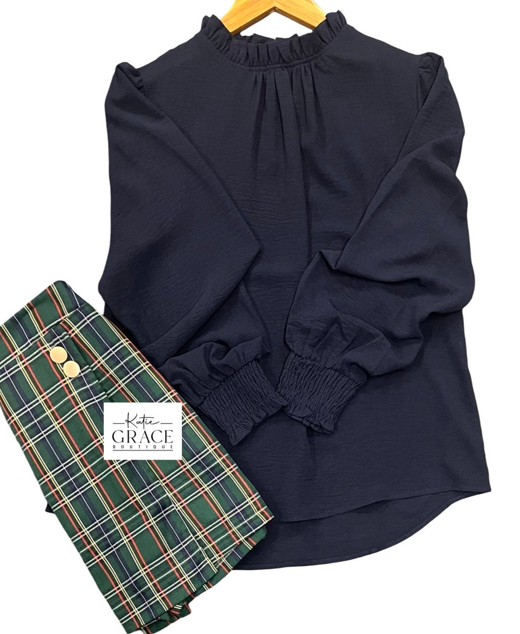 "Misty" Ruffled Neck Blouse, Navy - The Katie Grace Boutique