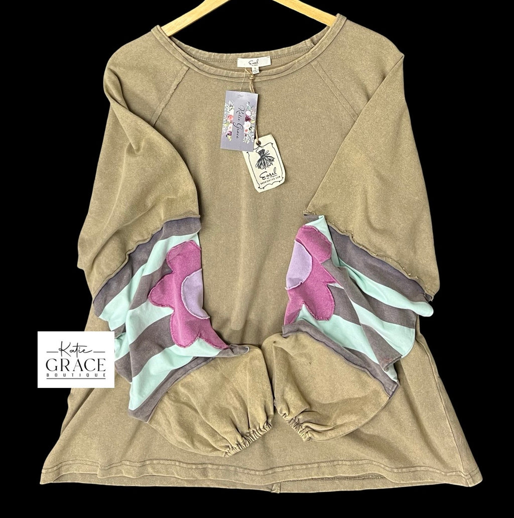 "Krysta" Flower Applique' Top - The Katie Grace Boutique