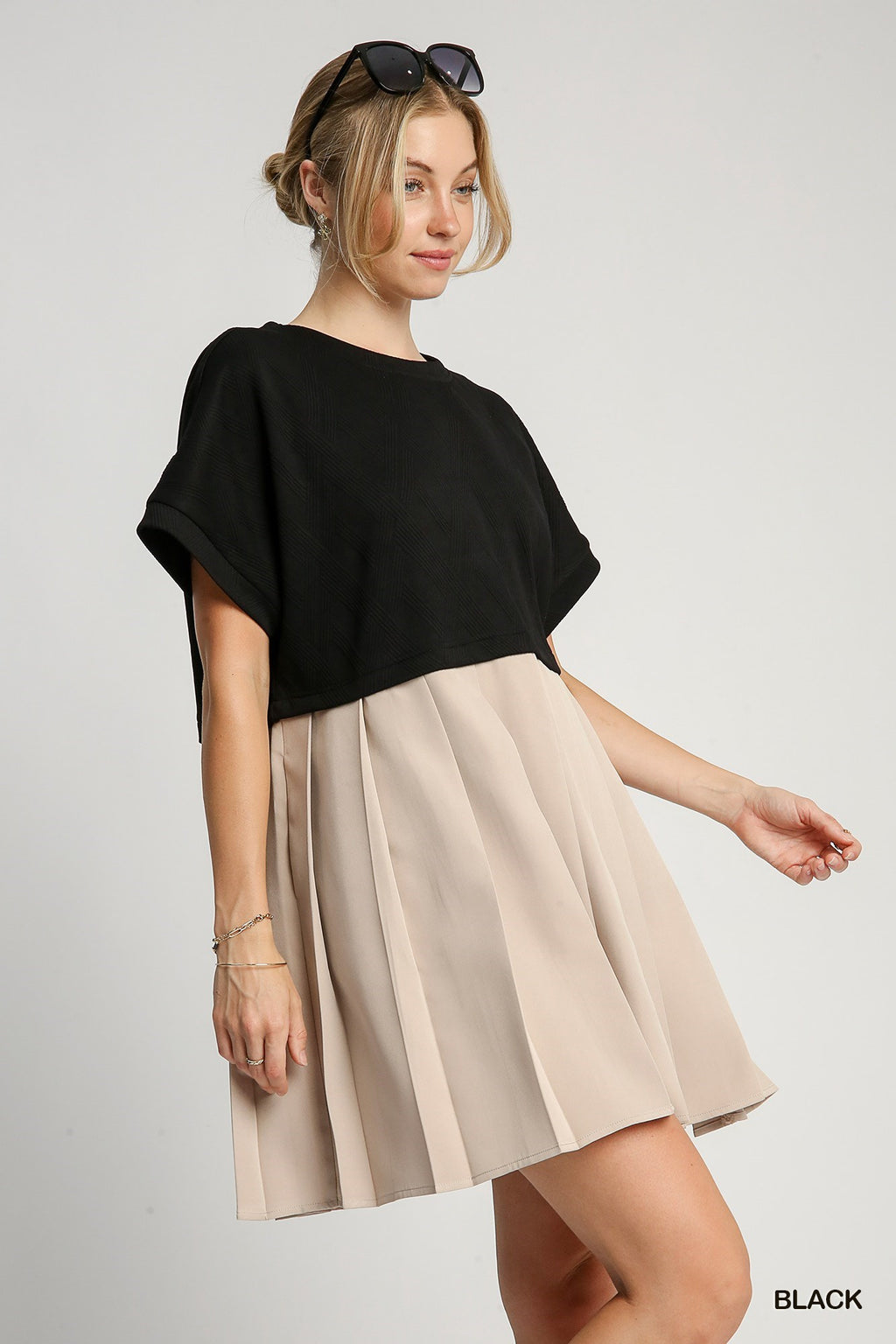 "Usha" Textured Dress with a Pleated Skirt - The Katie Grace Boutique