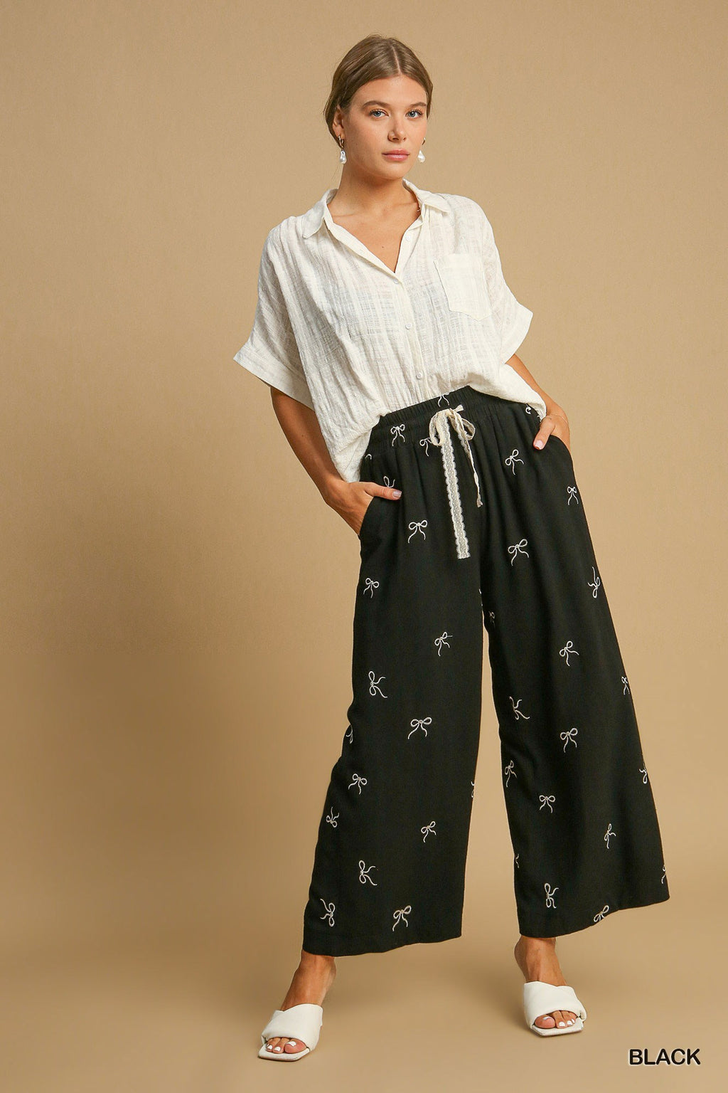 "Daphne" Embroidered Bow Pants - The Katie Grace Boutique