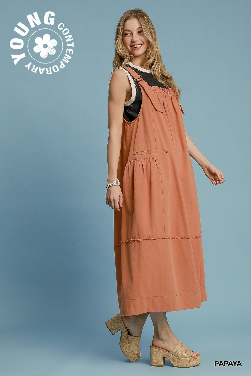 "Laken" Overall Barrel Midi Dress, 3 colors