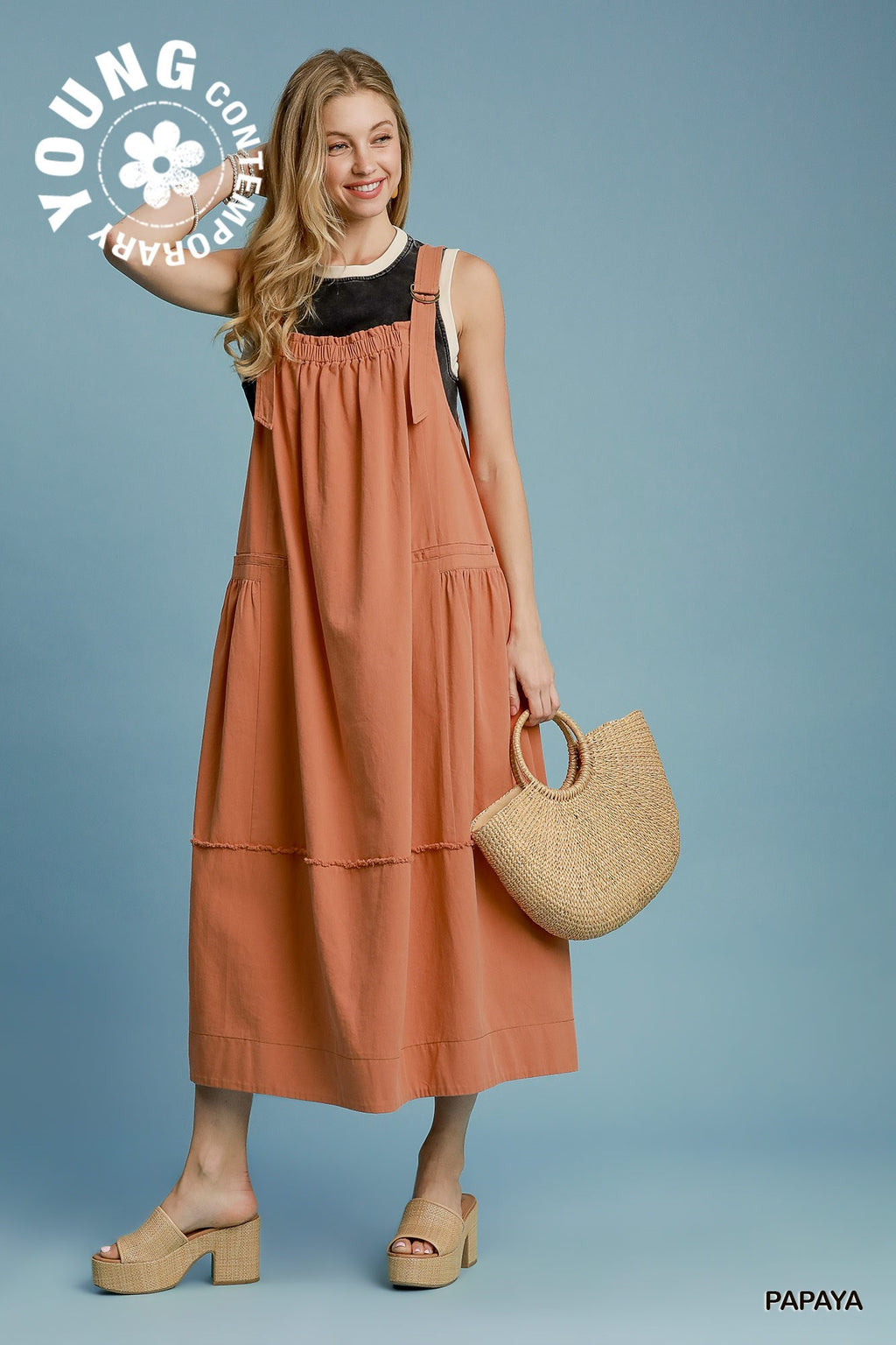 "Laken" Overall Barrel Midi Dress, 3 colors