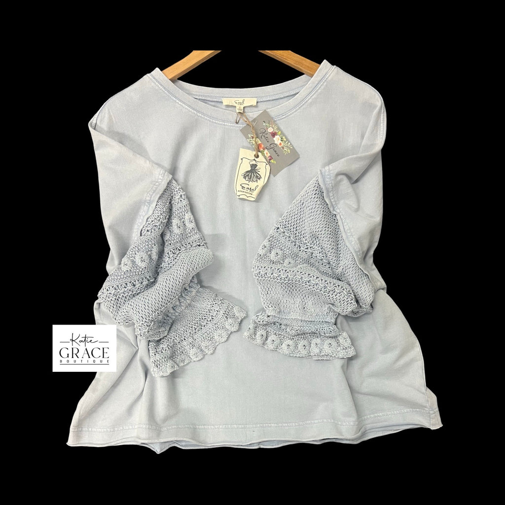 "Rebecca" Mineral Washed Top with Lace Details, Blue