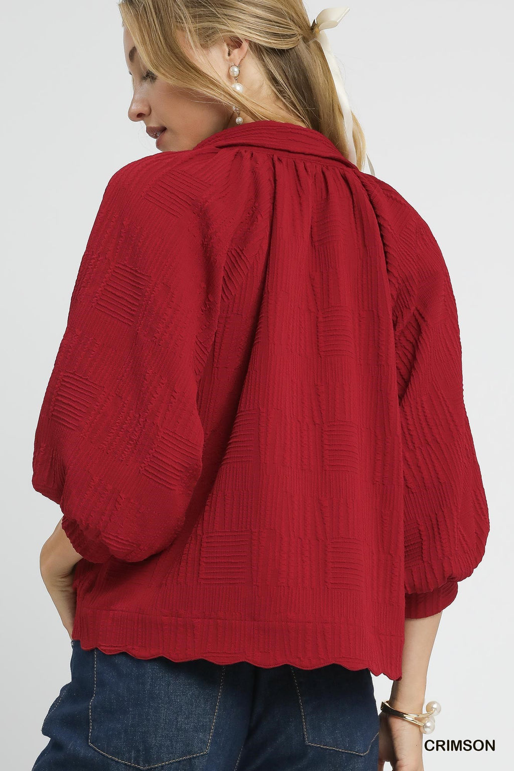 "Trista" Textured Blouse with Scalloped Hem - The Katie Grace Boutique