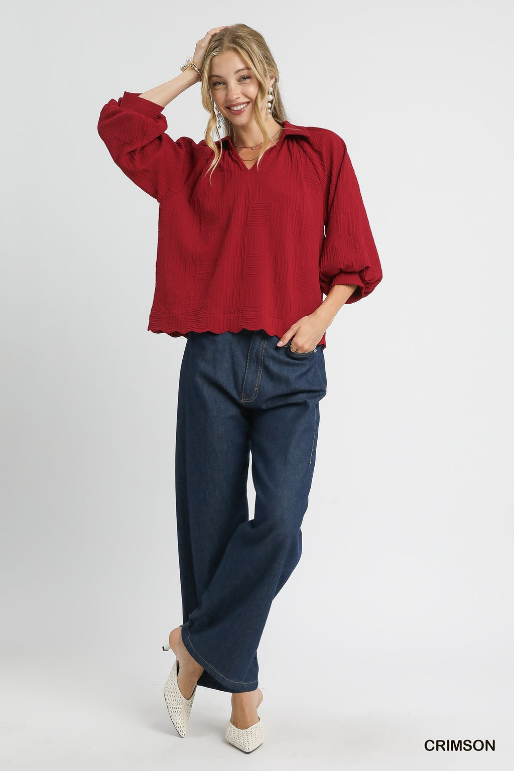"Trista" Textured Blouse with Scalloped Hem - The Katie Grace Boutique