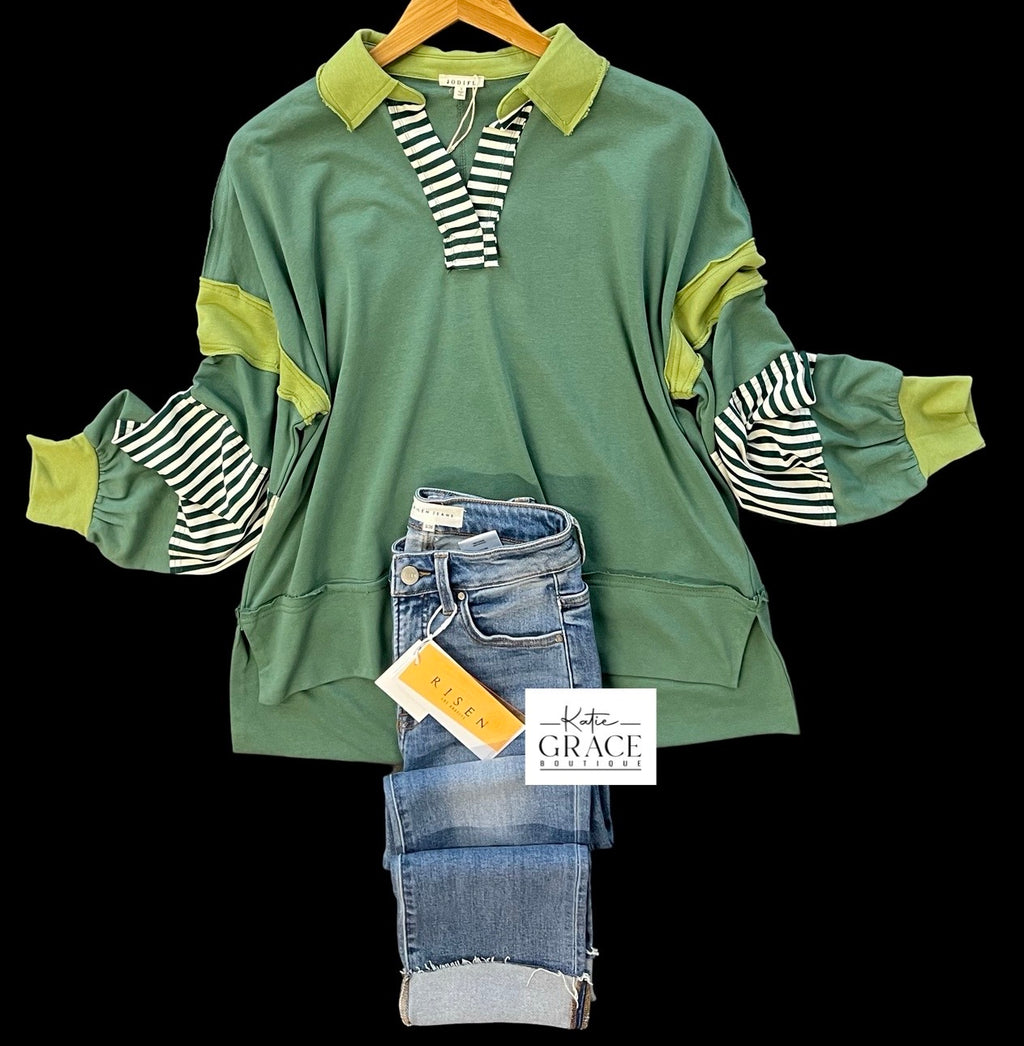 "Melanie" Mixed Media Top, Green - The Katie Grace Boutique