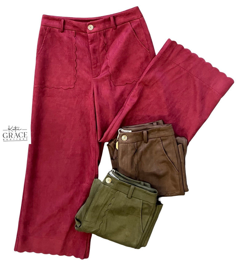 "Clara" Suede Pants with Scalloped Hems, 3 colors
