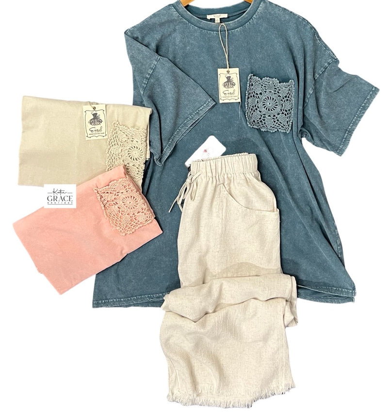 "Calista" Mineral Washed Top with Crochet Pocket, 3 colors - The Katie Grace Boutique