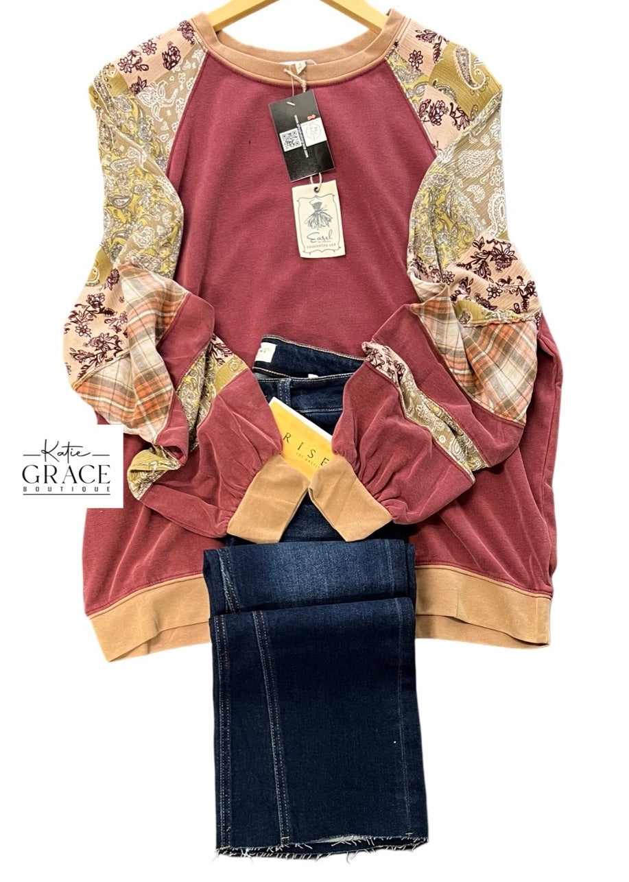 "Hallie" Mineral Washed Pullover wit Printed Sleeves - The Katie Grace Boutique