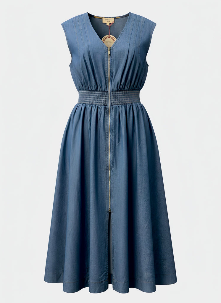 "Jessica" Zip Front Chambray Dress - The Katie Grace Boutique