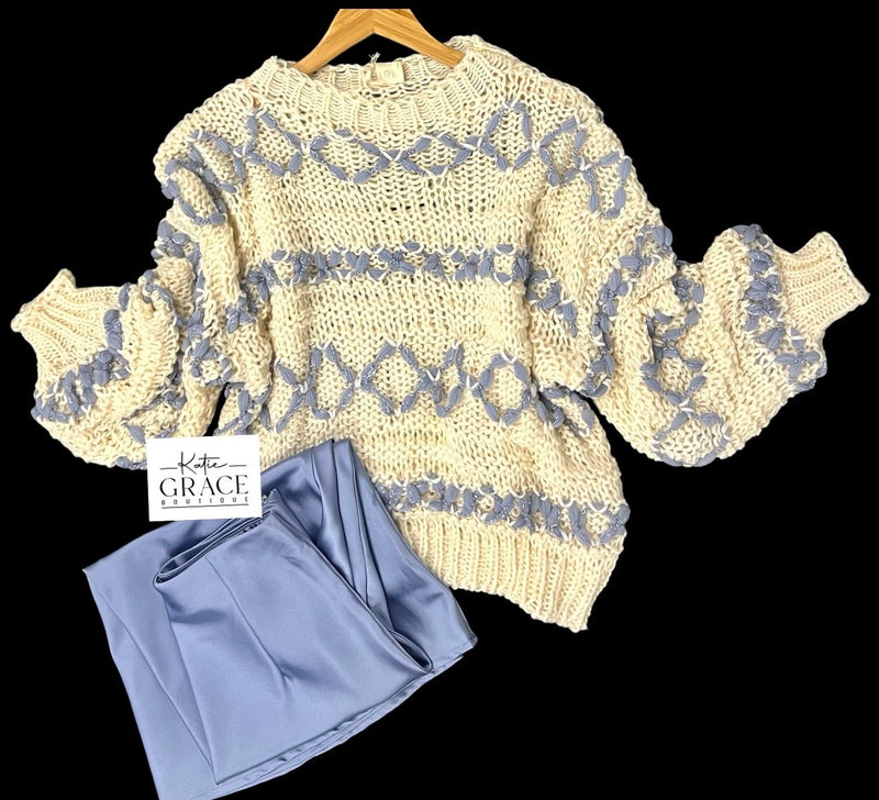 "Everleigh" Crochet Sweater, Blue - The Katie Grace Boutique