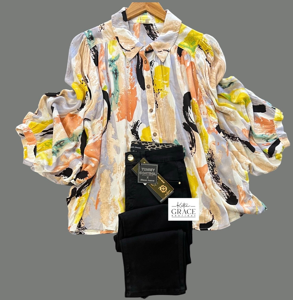 "Aurora" Abstract Watercolor Print Blouse - The Katie Grace Boutique