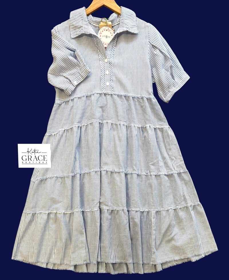 Last One!  "Rebecca" Blue and White Striped Midi Dress