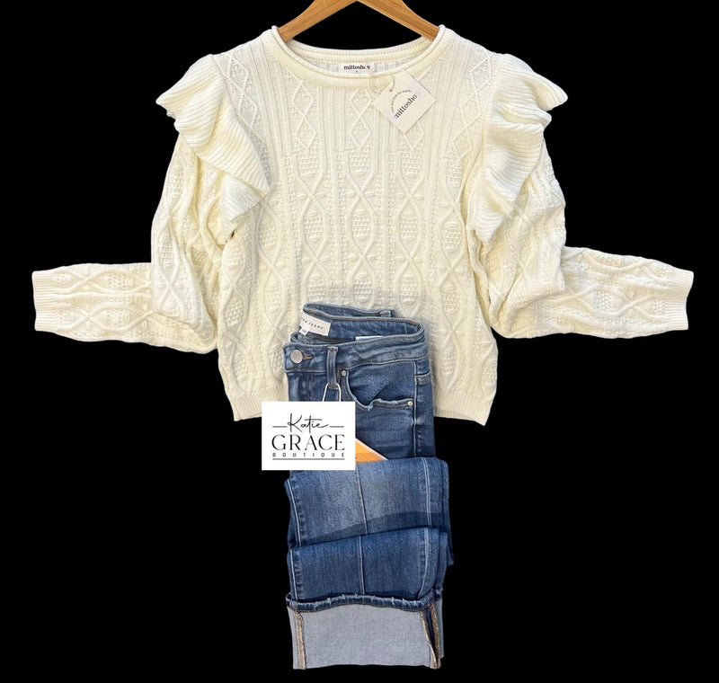 "Raya" Ruffled Cable Knit Sweater