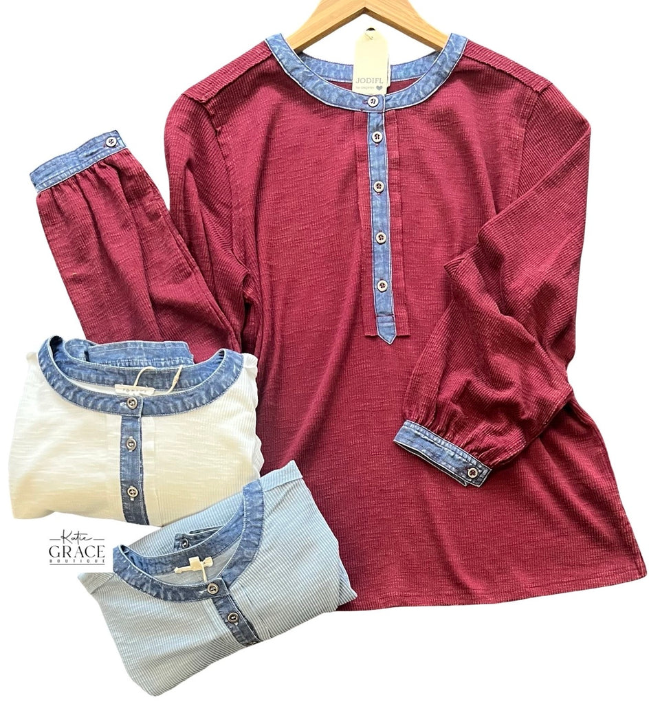 "Zoe" Henley with Denim Trim, 3 colors - The Katie Grace Boutique