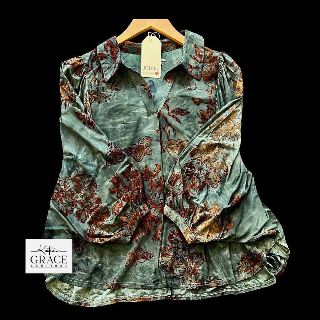 "Flora"  3/4 Blouse with Flocked Detals