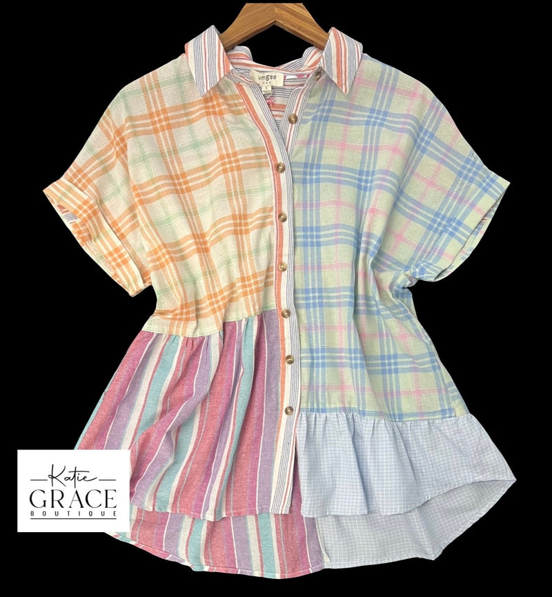"Hanna" Mixed Plaid Shirt - The Katie Grace Boutique