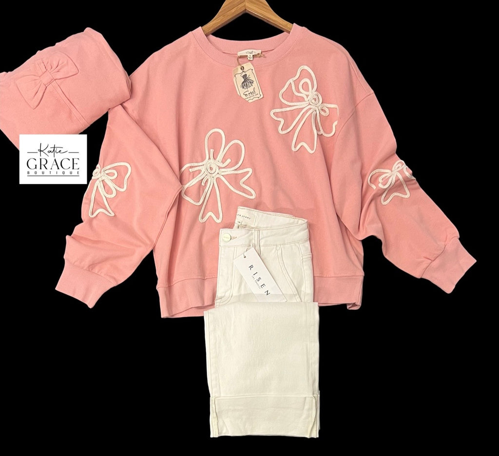 "Karsyn" Embroidered Bow Pullover, Pink - The Katie Grace Boutique