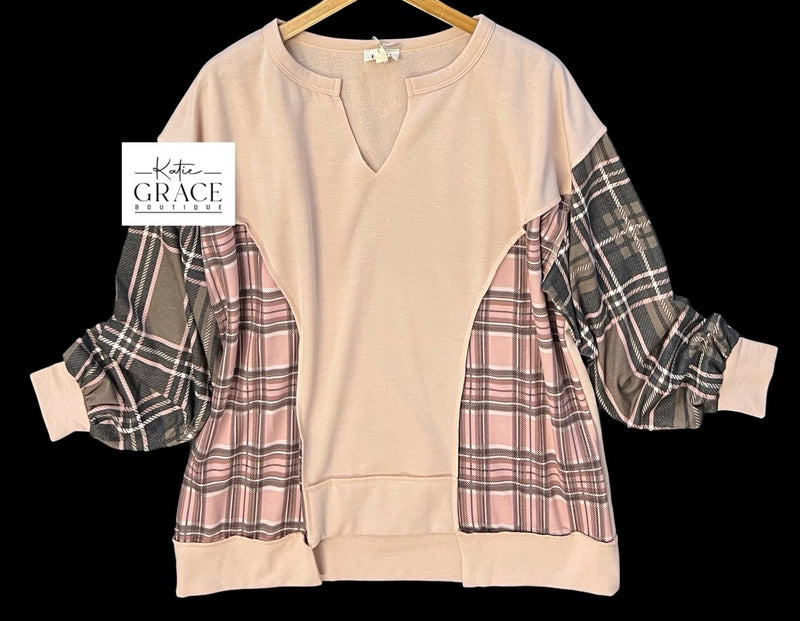 "Brooke" Plaid Sleeve Top - The Katie Grace Boutique