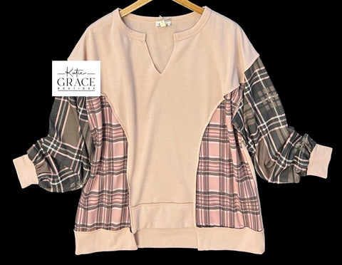 "Brooke" Plaid Sleeve Top - The Katie Grace Boutique