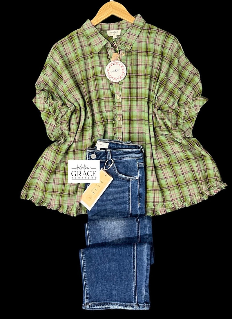 "Sylvie" Dolman Sleeve Plaid Blouse, Green - The Katie Grace Boutique