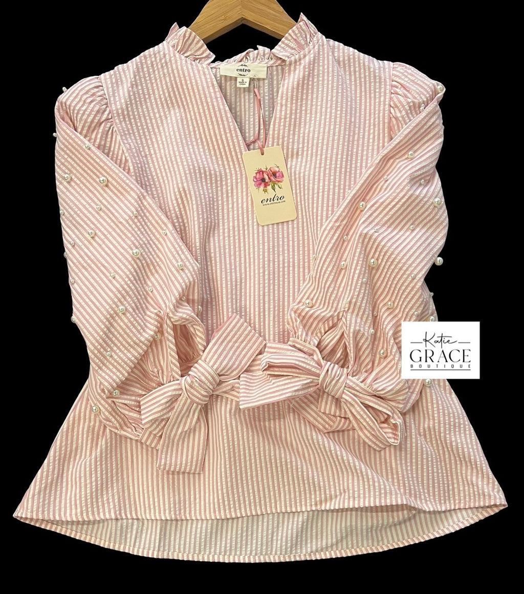 "Pearl" Striped Blouse Pearl Embellishments, Pink