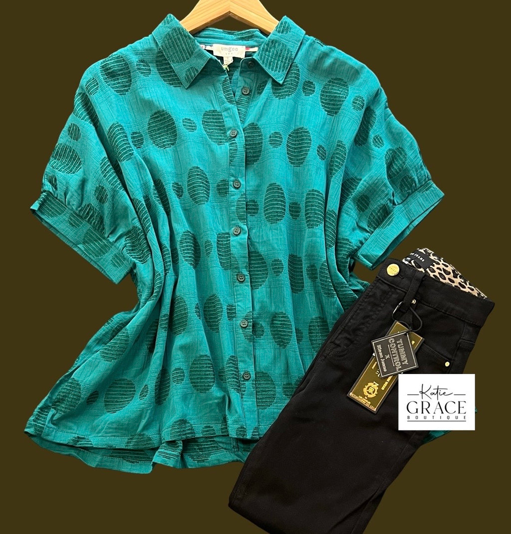 "Ana" Embroidered Circle Dolman Top, Peacock - The Katie Grace Boutique