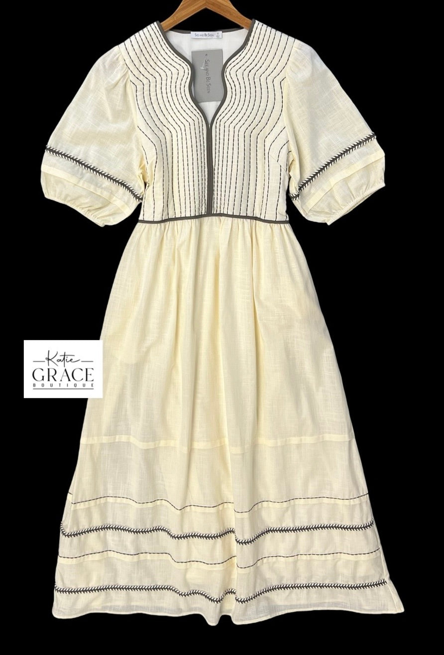 "Sarah" Midi Dress with Embroidered Detail - The Katie Grace Boutique