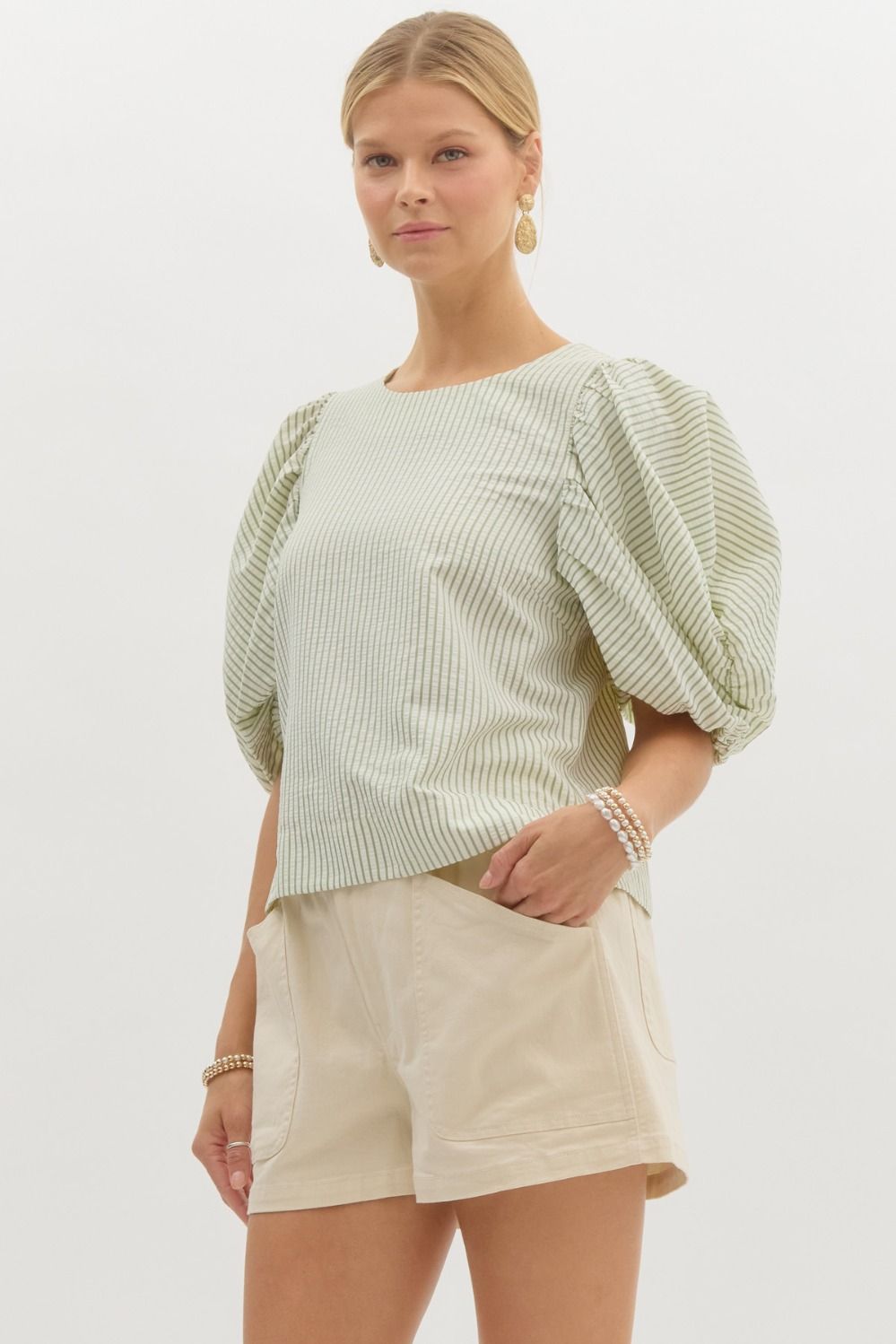 "Cherie" Seersucker Striped Blouse - The Katie Grace Boutique