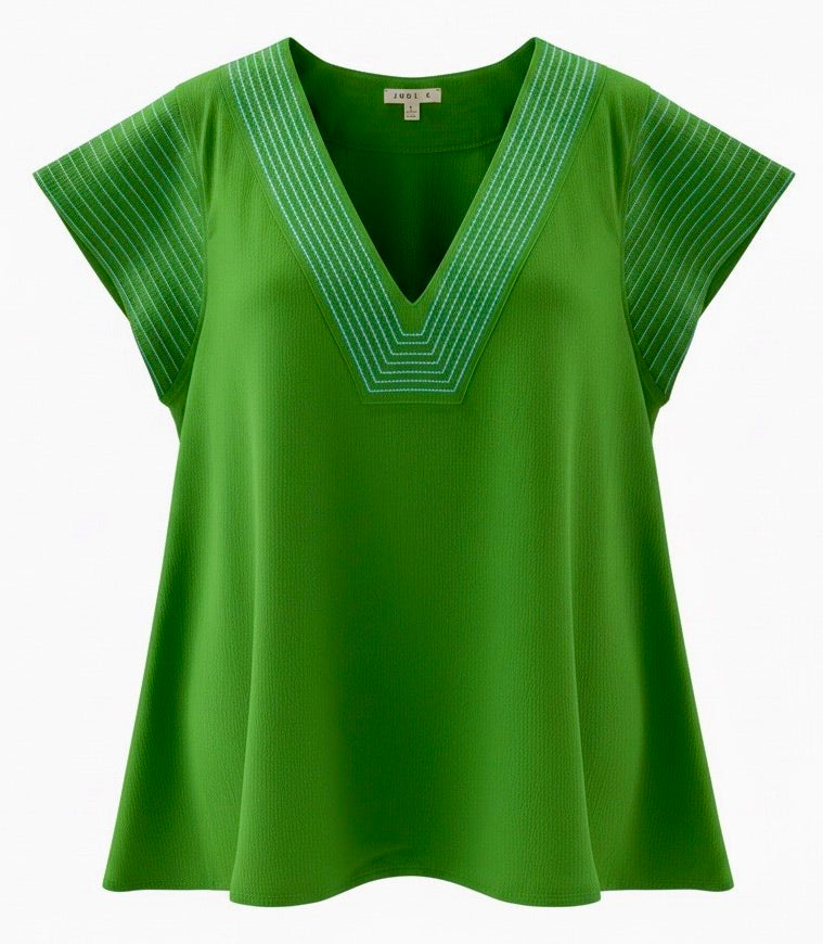 "Cassie" V Neck Blouse , Green - The Katie Grace Boutique