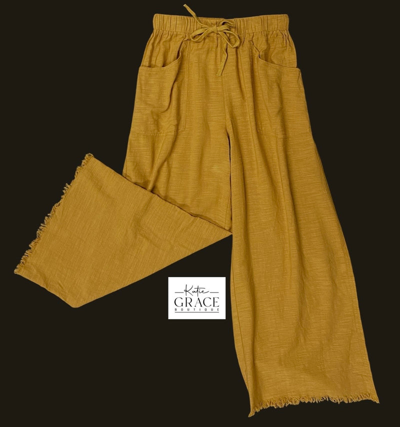 "Oaklyn" Cotton Frayed Hem Pants, Ochre - The Katie Grace Boutique