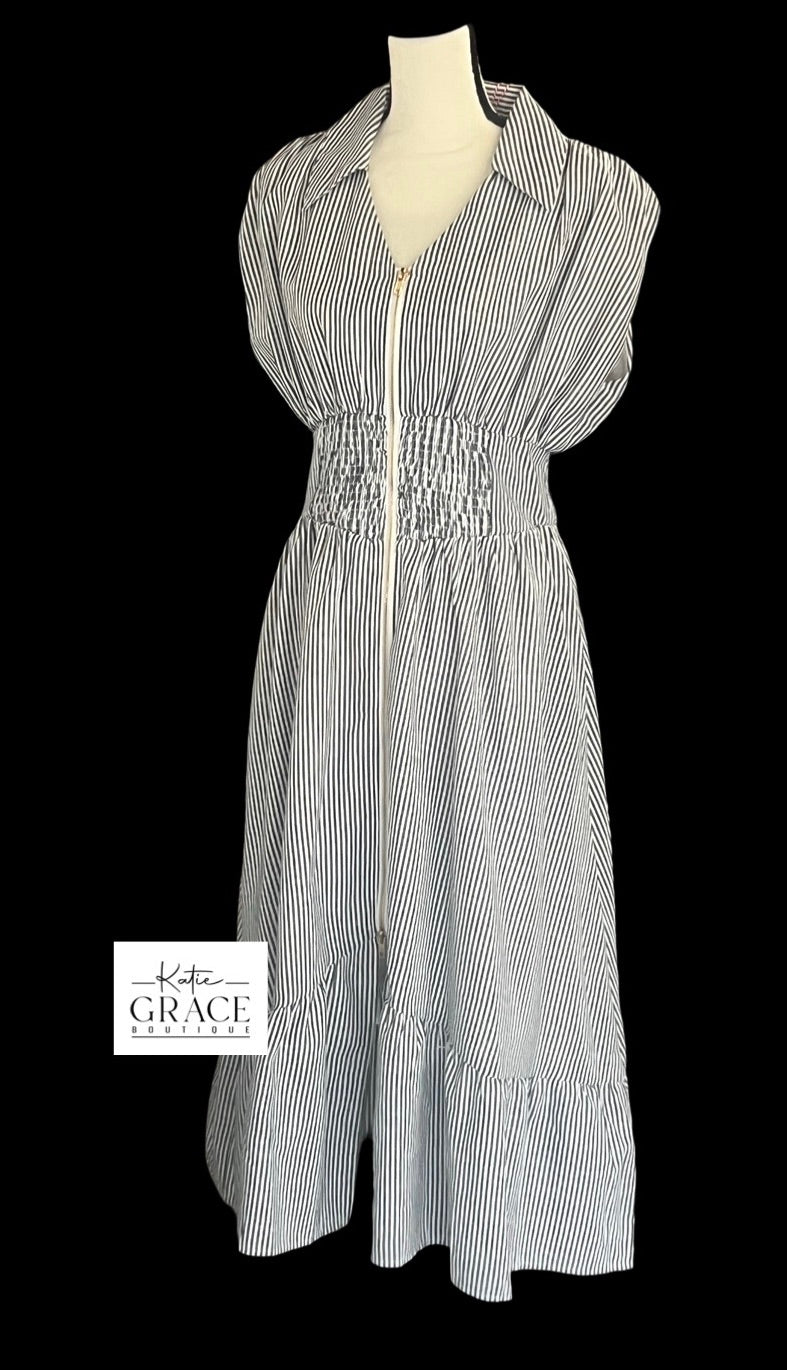 "Caroline" Zipper Striped Dress,Black