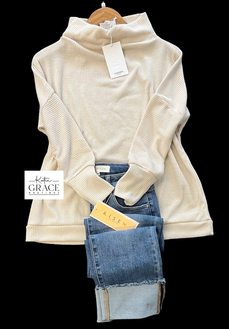 "Leah" Ribbed Knit Mock Neck Top - The Katie Grace Boutique