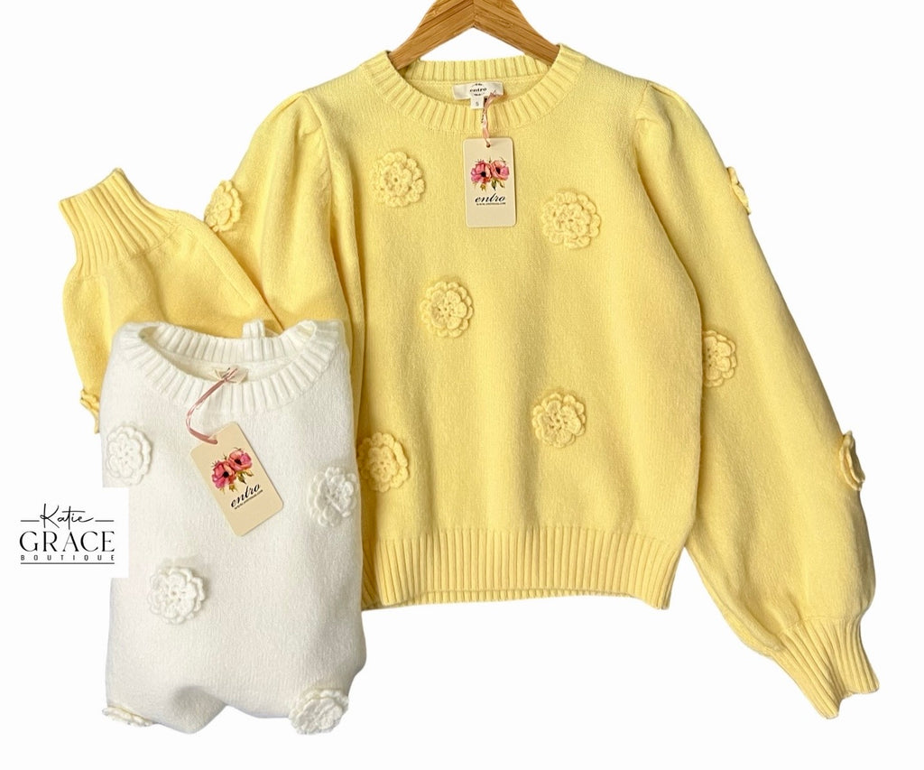 "Bianca" Puff Sleeeve Sweater with Applique' Flowers, 2 Colors - The Katie Grace Boutique