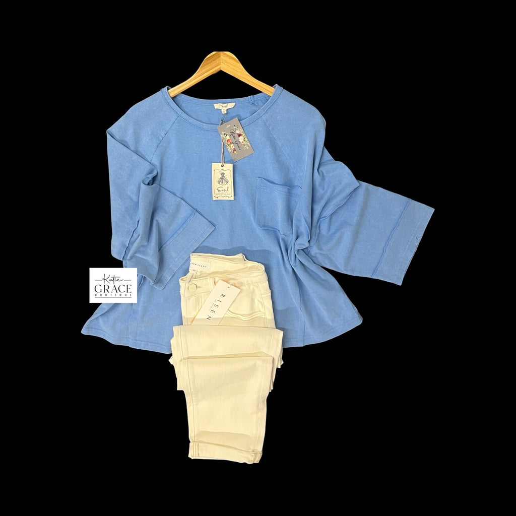 "Alice" Mineral Washed Top, Blue - The Katie Grace Boutique