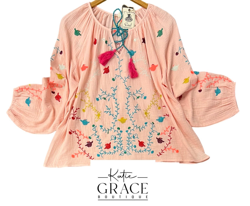 "Peaches" Embroidered Blouse - The Katie Grace Boutique