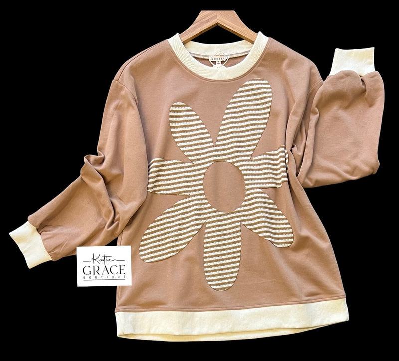 "Cristie" Flower and Stripe Pullover, Mocha