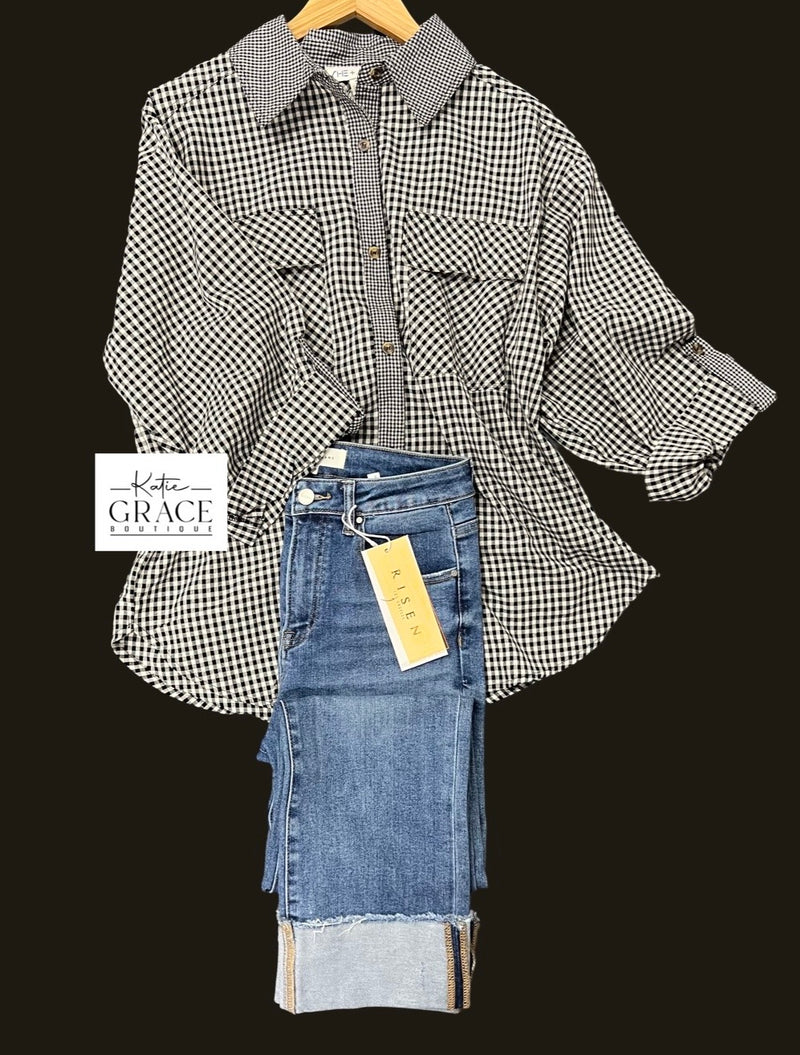 "Maren" Roll Tab Plaid Blouse - The Katie Grace Boutique