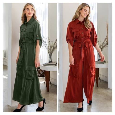 "Lauren" Satin Cargo Jumpsuit - The Katie Grace Boutique