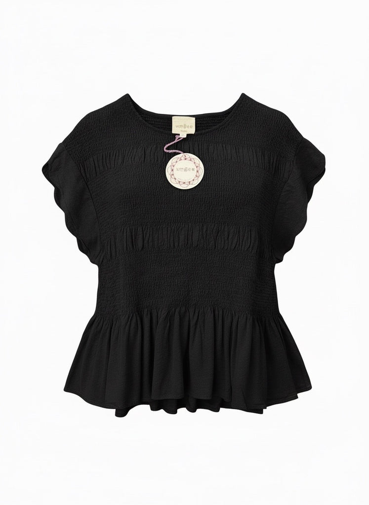 "Eva" Peplum Smocked Blouse, Black - The Katie Grace Boutique