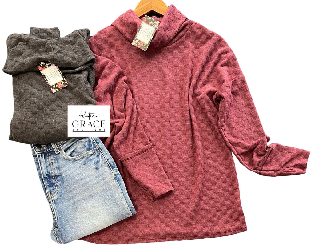 "Rachel" Soft Check Turtlneck with Thumbholesj - The Katie Grace Boutique