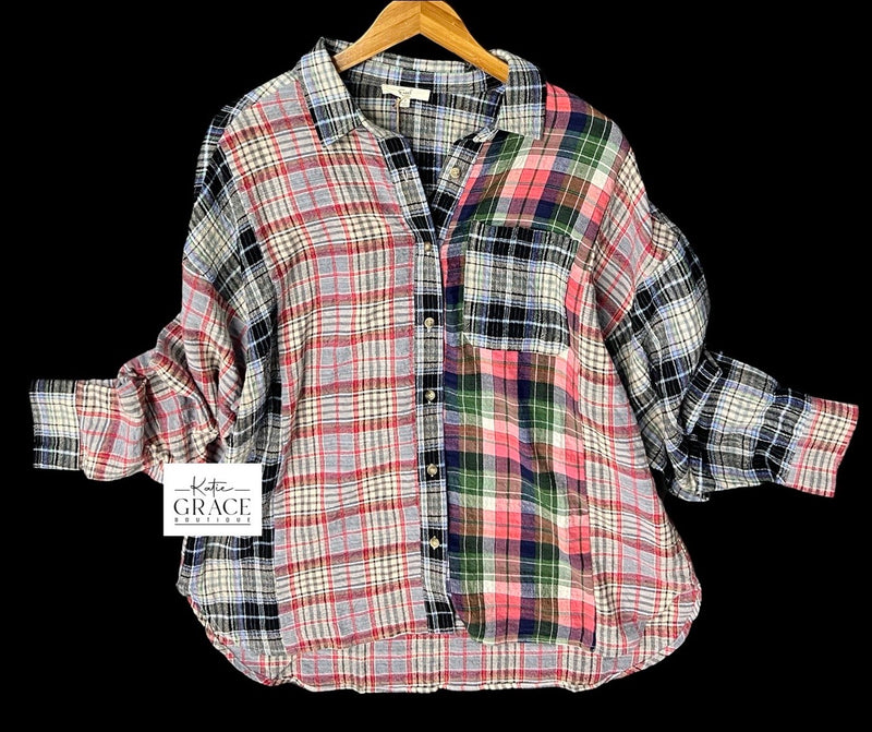 "Tessa" Mixed Plaid Button Top - The Katie Grace Boutique