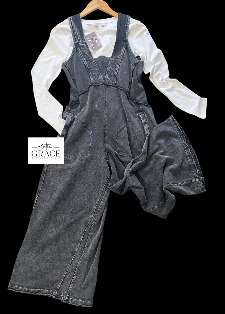 "Jasmine" Soft Mineral Washed Jumpsuit, Black - The Katie Grace Boutique