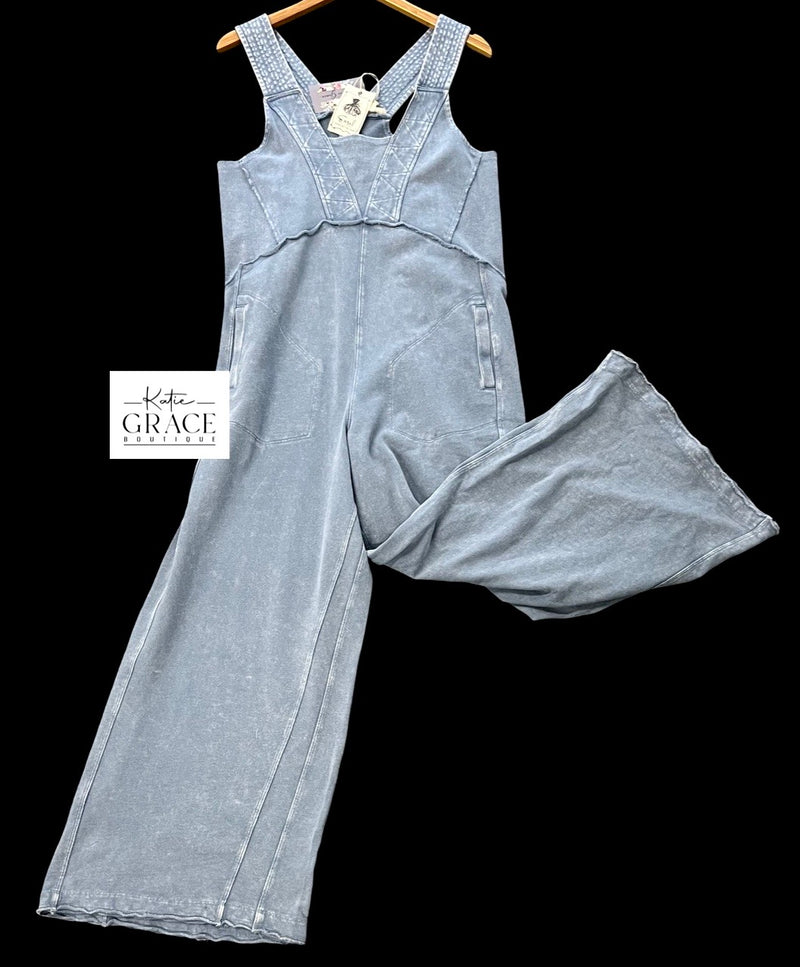 "Phoebe" Soft Mineral Washed Jumpsuit, Blue