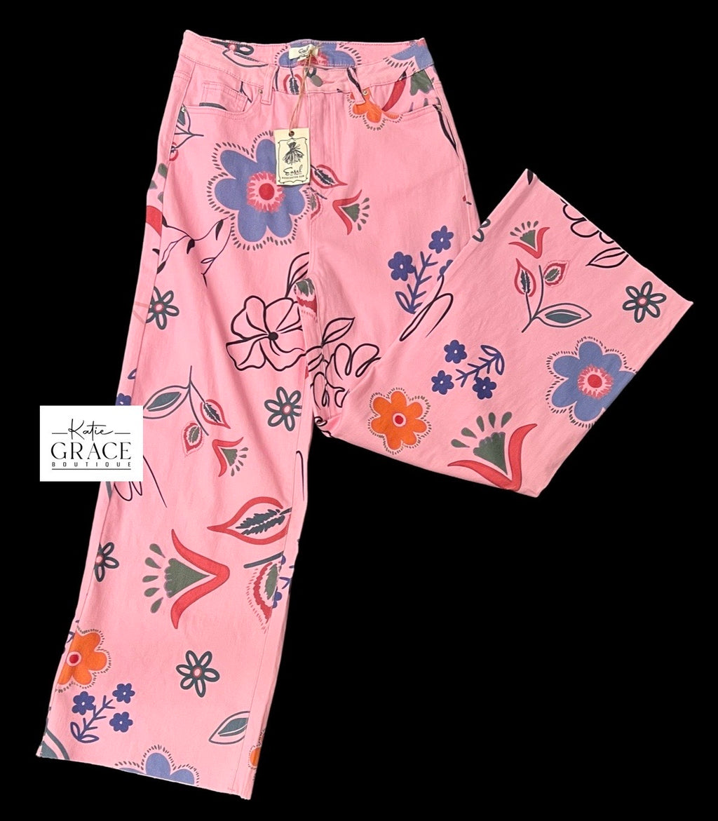 "Christine" Floral Pants in Pink - The Katie Grace Boutique