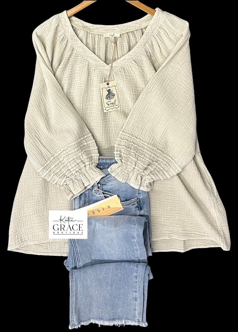 Bethany" Mineral Washed Cotton Blouse, Ecru - The Katie Grace Boutique