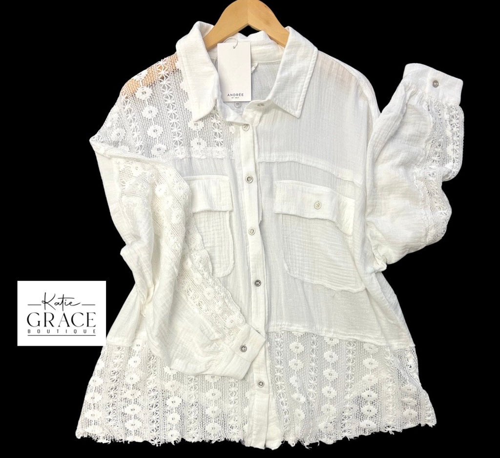 Last One! “Abigail" Soft Cotton and Lace Shirt